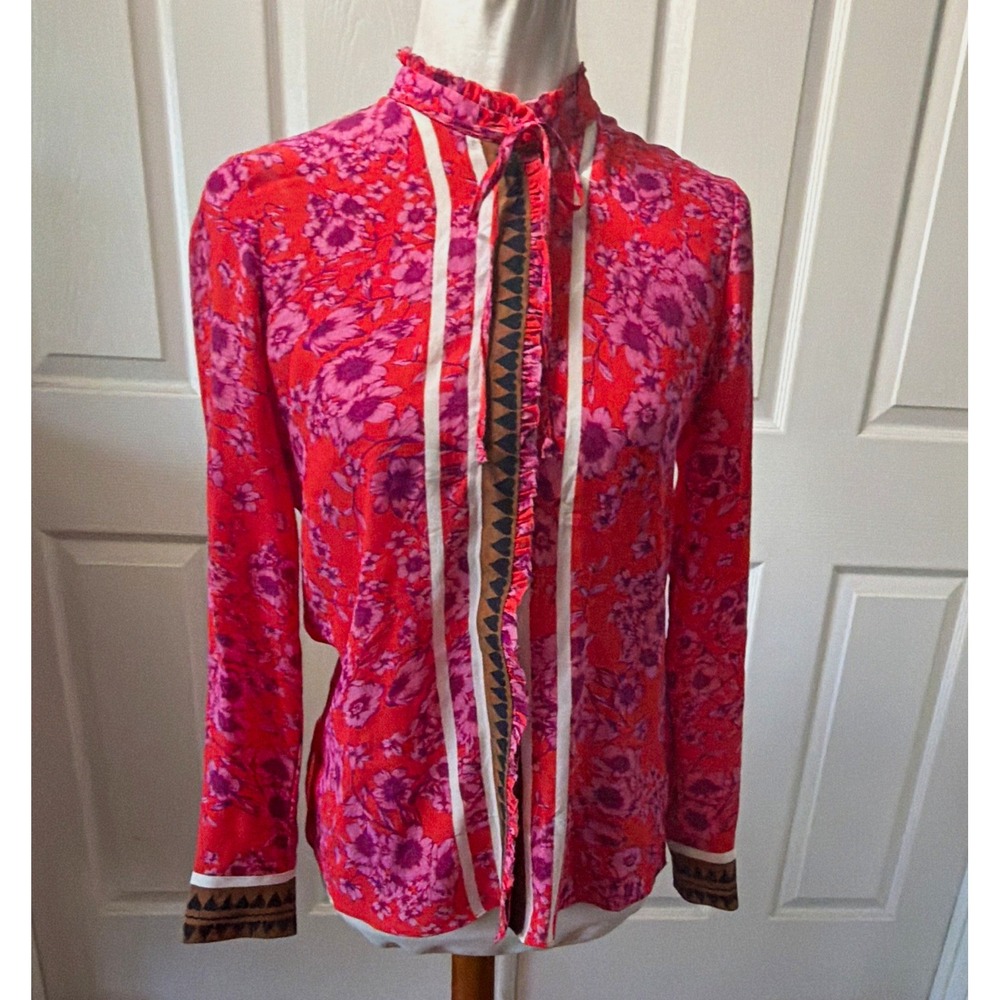 Kobi Halperin Womens XS Red Pink Purple Floral Silk Crepe Tie Neck Ruffle Blouse